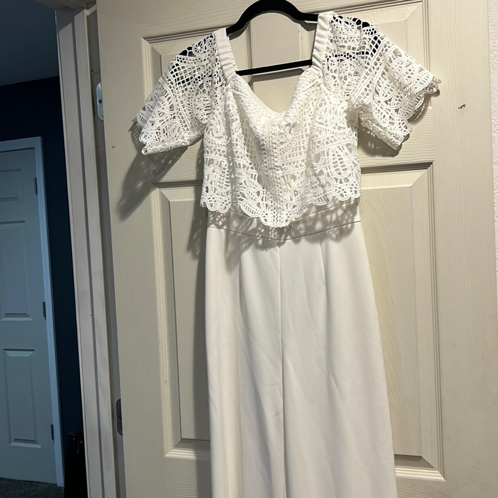 white wide leg jumpsuit with lace top
